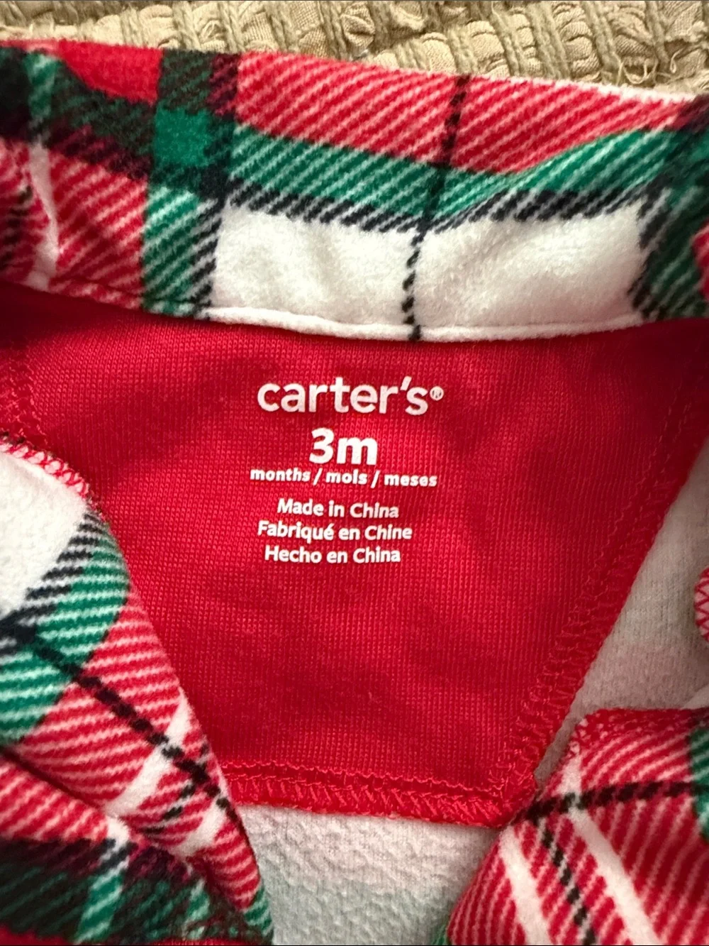 Carter's Red White & Green Plaid Fleece One-Piece 3M